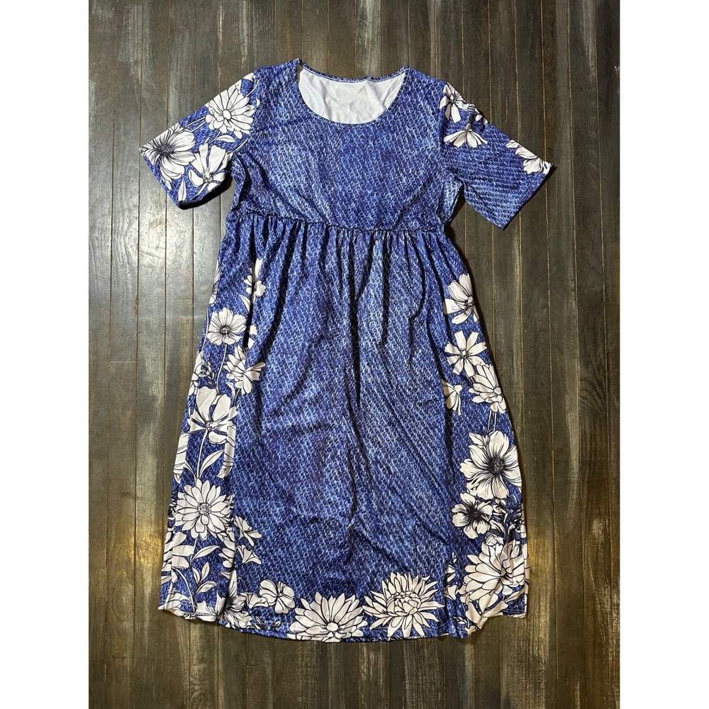 Womens Blue Denim Print Floral Empire Waist Midi‎ Dress Short Sleeve Scoop Neck